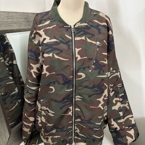 Green and Brown Bomber Jacket with Camouflage Design